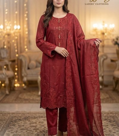Dark Maroon Cotton Monochromatic Embroidered 3pc Dress