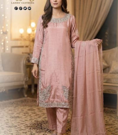 Dusty Pink Organza Boat Neck Corner Embroidered 3pc Suit