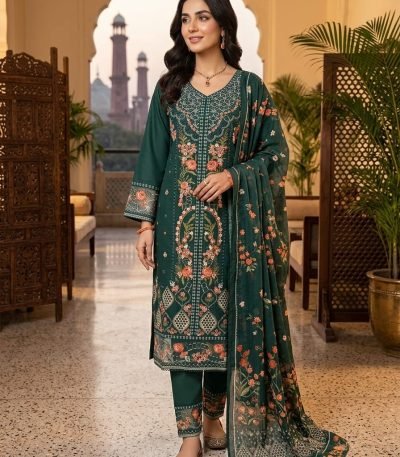 Emerald Green Cotton Arch Embroidered 3pc Suit
