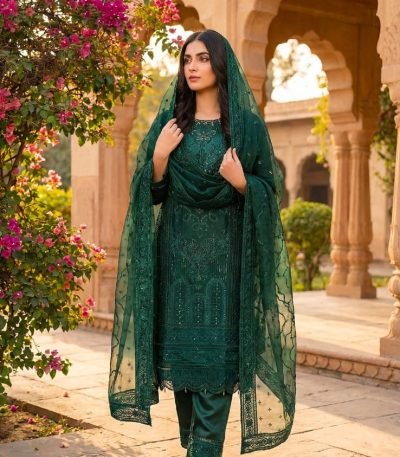 Emerald Green Organza Heavy Arch Embroidered 3pc Suit