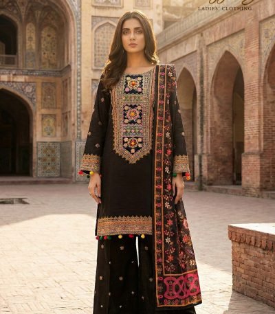Jet Black Cotton Sindhi Embroidered Work 3pc Suit