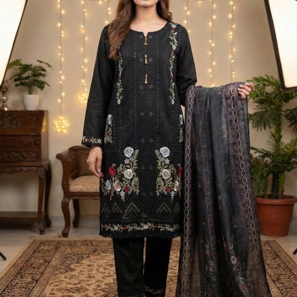 Jet Black Organza Tassel Neck Floral Embroidered 3pc Suit