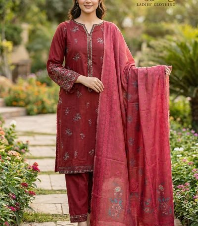 Maroon Cotton V-Neck Embroidered 3pc Suit