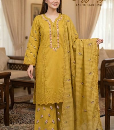 Mustard Cotton Cutwork & Floral Embroidered 3pc Stitched Suit