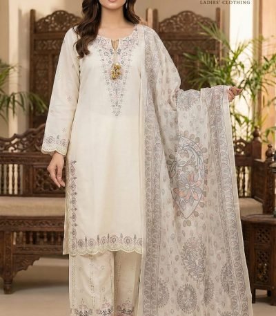 Off White Cotton Tassel Neck Embroidered 3pc Suit