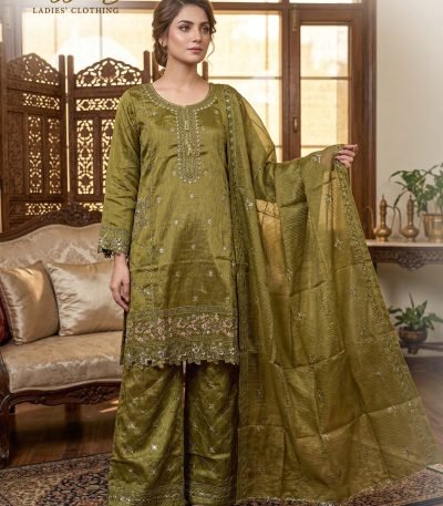 Olive Green Organza Stripe Pink Floral Embroidered 3pc Suit