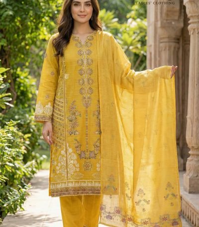 Panel Embroidered Mustard Cotton 3-Piece Suit