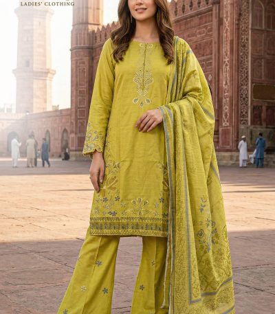 Pistachio Olive Cotton Embroidered Flare Pant 3pc Suit