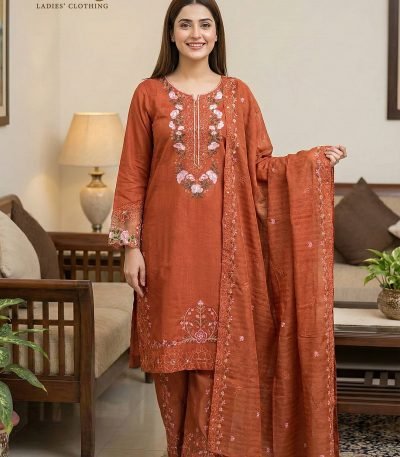 Rust Cotton Embroidered Border Work 3-Piece Suit