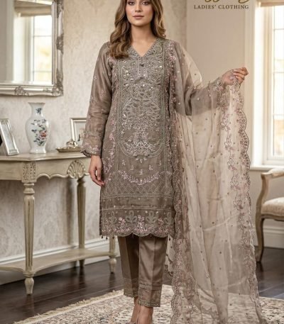 Taupe Grey Organza Pink Accent Embroidered 3Piece Suit