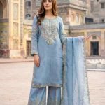 Blue Organza Medallion Embroidered Palazzo 3pc Suit