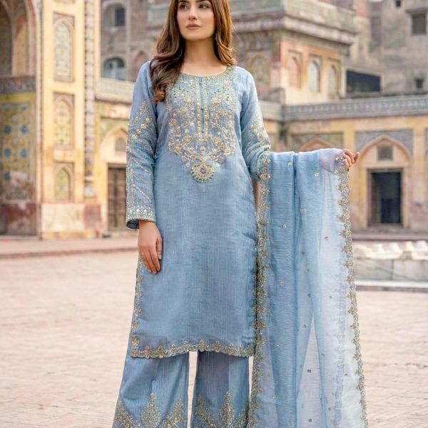 Blue Organza Medallion Embroidered Palazzo 3pc Suit