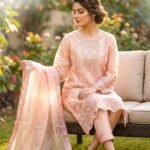 Luxury Peach Embroidered Organza 3 Piece Suit