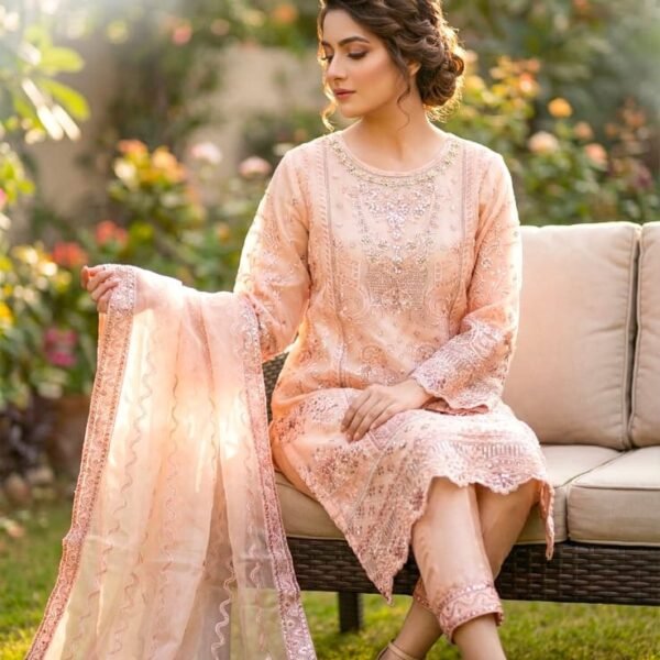 Luxury Peach Embroidered Organza 3 Piece Suit