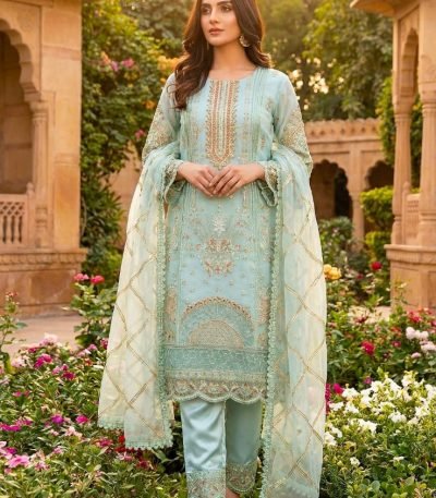 Blue Organza Arch Daman Embroidered 3Piece Suit