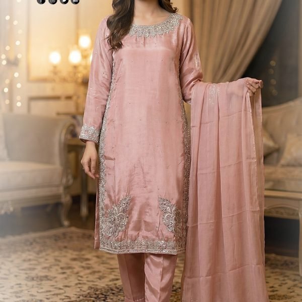Dusty Pink Organza Boat Neck Corner Embroidered 3pc Suit
