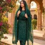 Emerald Green Organza Heavy Arch Embroidered 3pc Suit