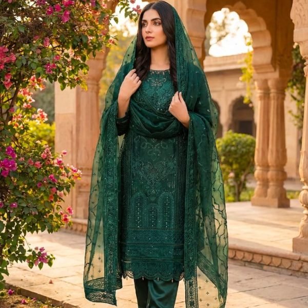 Emerald Green Organza Heavy Arch Embroidered 3pc Suit