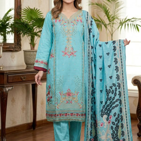 Ferozi Cotton Floral Neck Embroidered 3pc Suit
