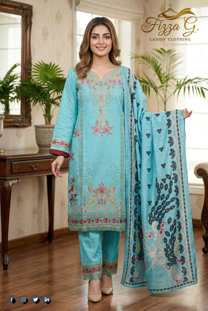 Ferozi Cotton Floral Neck Embroidered 3pc Suit