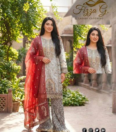 Grey Organza Contrast Maroon Embroidered Sharara 3pc Suit