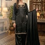 Jet Black Organza Cutout Neck Gold Embroidered 3pc Suit