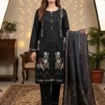 Jet Black Organza Tassel Neck Floral Embroidered 3pc Suit