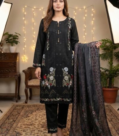 Jet Black Organza Tassel Neck Floral Embroidered 3pc Suit