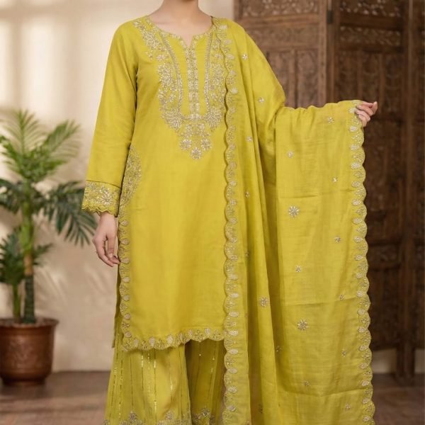 Lime Green Cotton Embroidered Sharara 3pc Suit