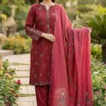 Maroon Cotton V-Neck Embroidered 3pc Suit