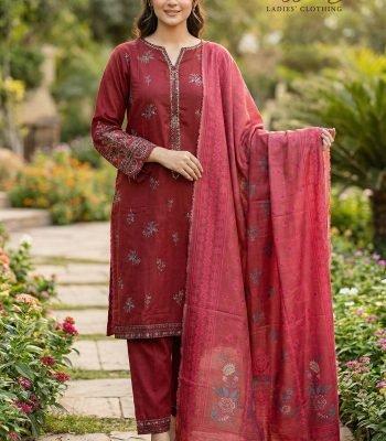 Maroon Cotton V-Neck Embroidered 3pc Suit