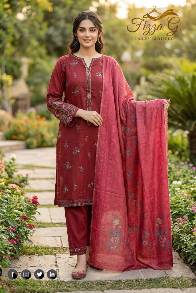 Maroon Cotton V-Neck Embroidered 3pc Suit