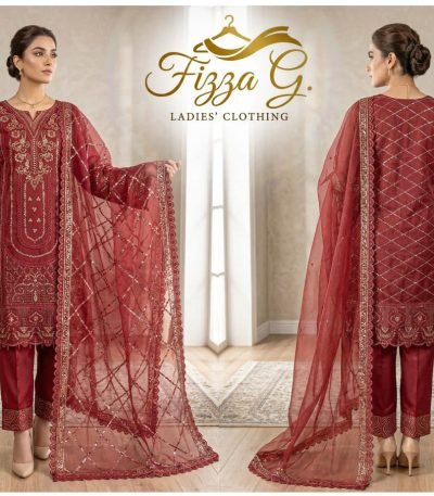 Maroon Organza U-Neck Diamond Embroidered 3pc Suit