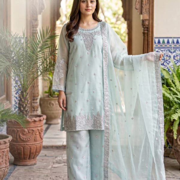 Mint Green Organza Silver Motif Embroidered Palazzo 3pc Suit