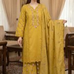 Mustard Cotton Cutwork & Floral Embroidered 3pc Stitched Suit