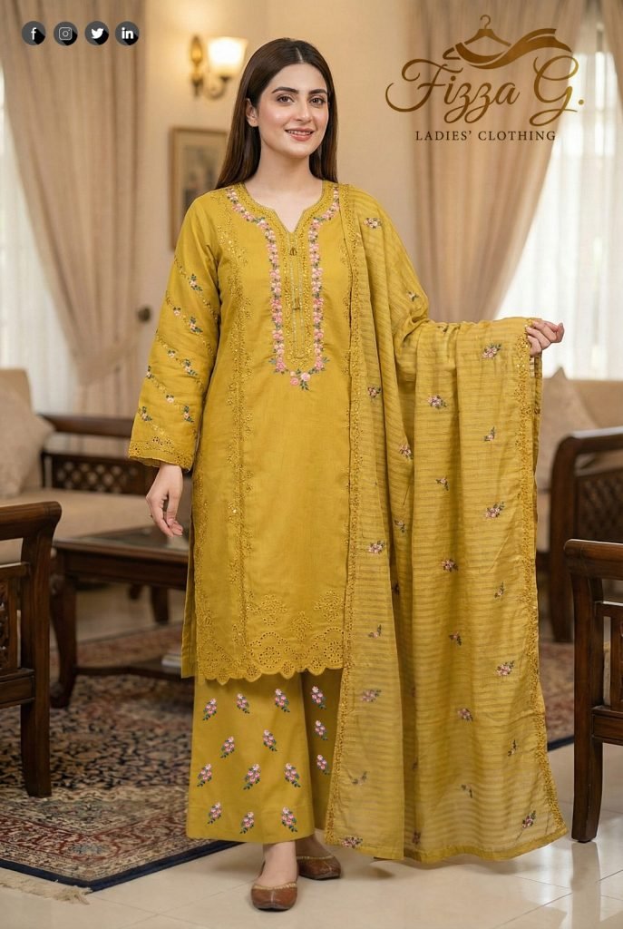 Mustard Cotton Cutwork & Floral Embroidered 3pc Stitched Suit