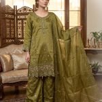 Olive Green Organza Stripe Pink Floral Embroidered 3pc Suit