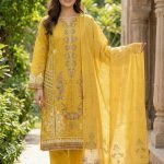 Panel Embroidered Mustard Cotton 3-Piece Suit