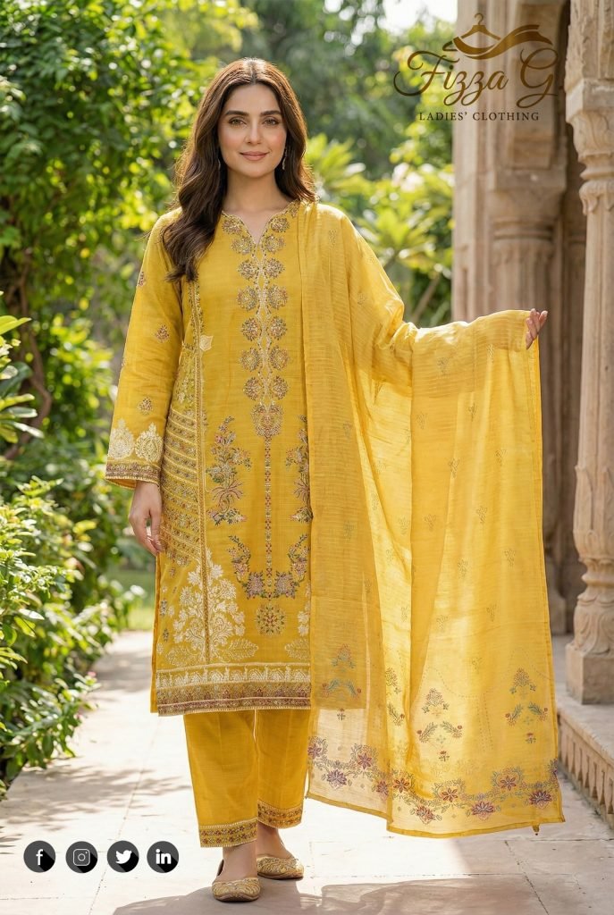 Panel Embroidered Mustard Cotton 3-Piece Suit