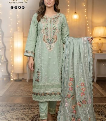 Pistachio Green Cotton Panel Embroidered Suit