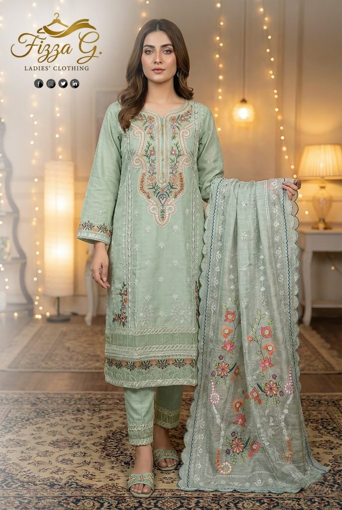 Pistachio Green Cotton Panel Embroidered Suit