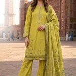 Pistachio Olive Cotton Embroidered Flare Pant 3pc Suit