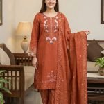 Rust Cotton Embroidered Border Work 3-Piece Suit