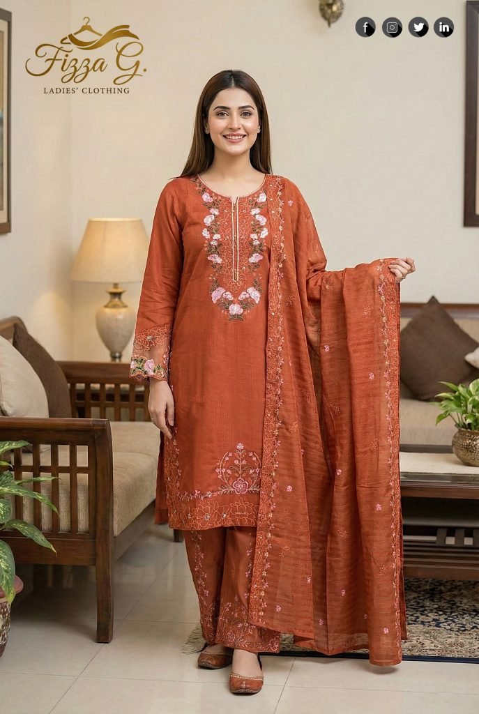 Rust Cotton Embroidered Border Work 3-Piece Suit