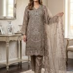 Taupe Grey Organza Pink Accent Embroidered 3Piece Suit