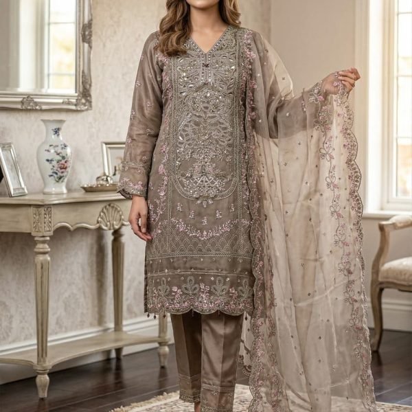 Taupe Grey Organza Pink Accent Embroidered 3Piece Suit